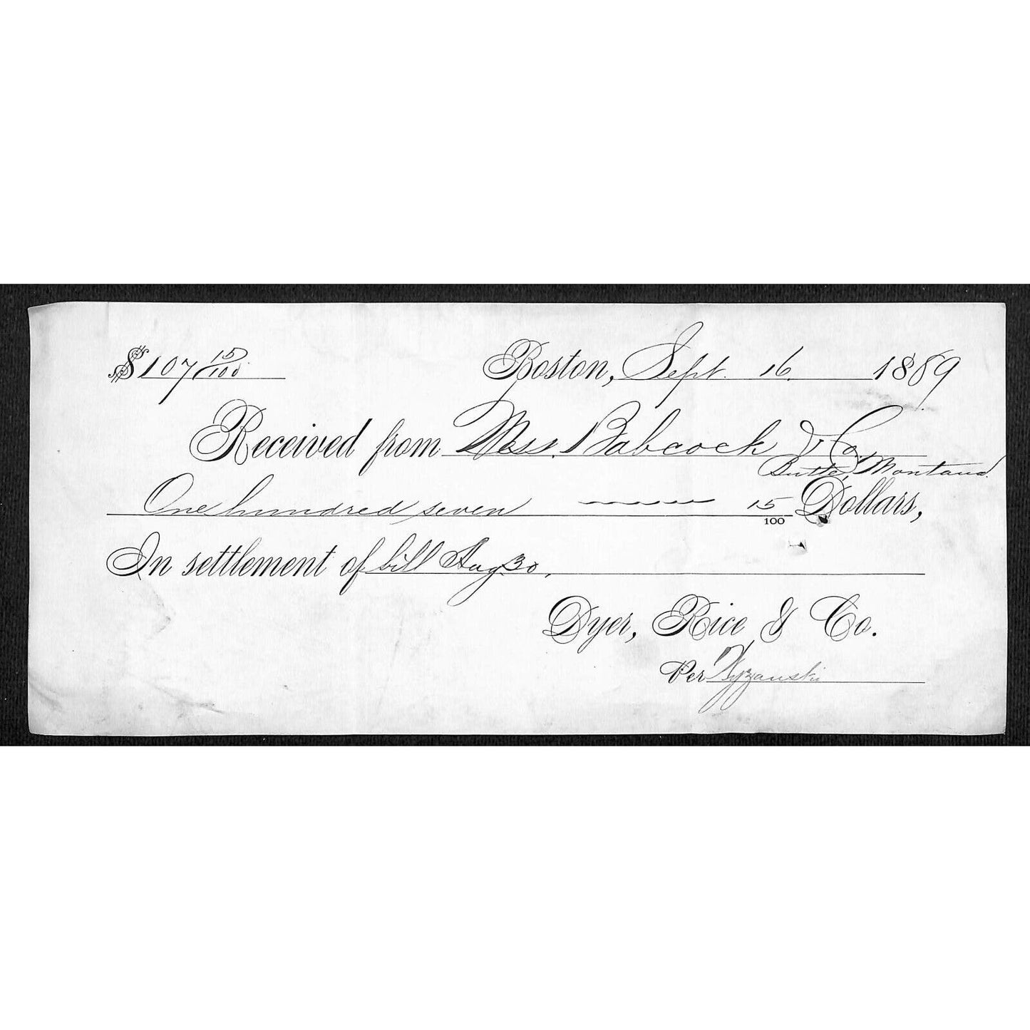 Dyer, Rice & Co. Boston (Hats, Straw goods, Furs) 1889 Receipt / Billhead