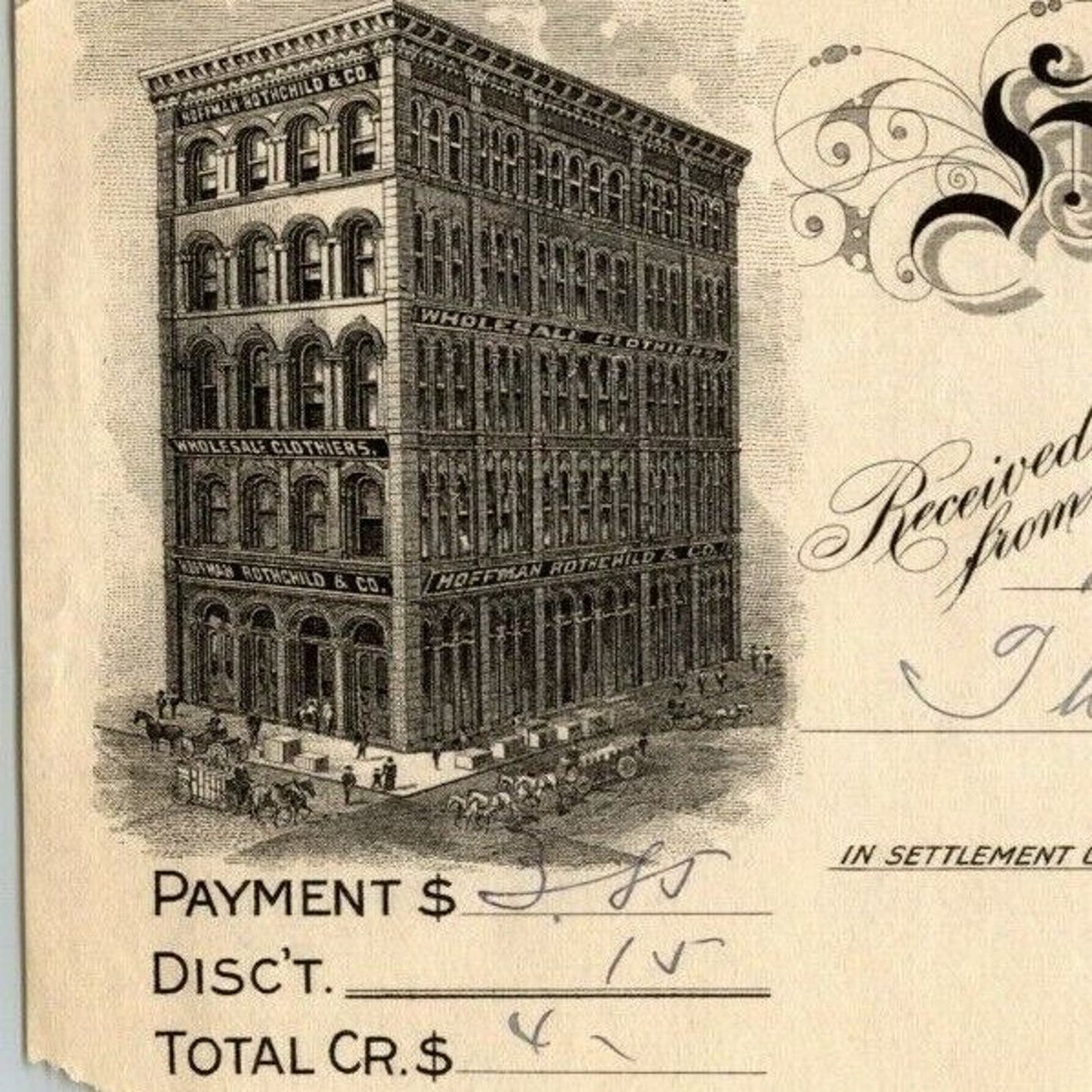 1903 Rcvd Receipt Hoffman, Rothchild Wholesale Clothiers - San Francisco