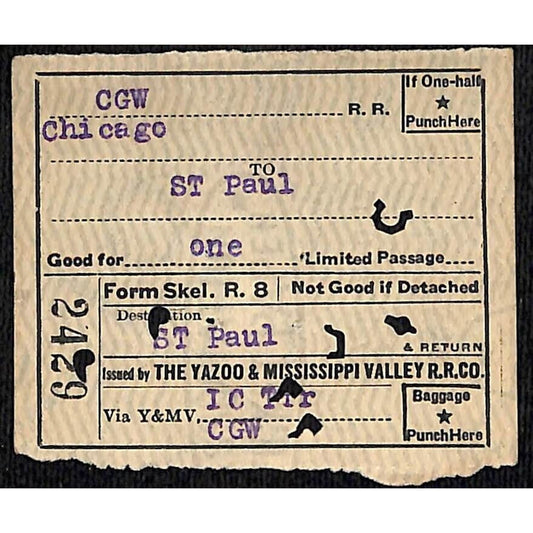 Yazoo & Mississippi Valley Railroad Ticket 1923 Chicago St. Paul #2429