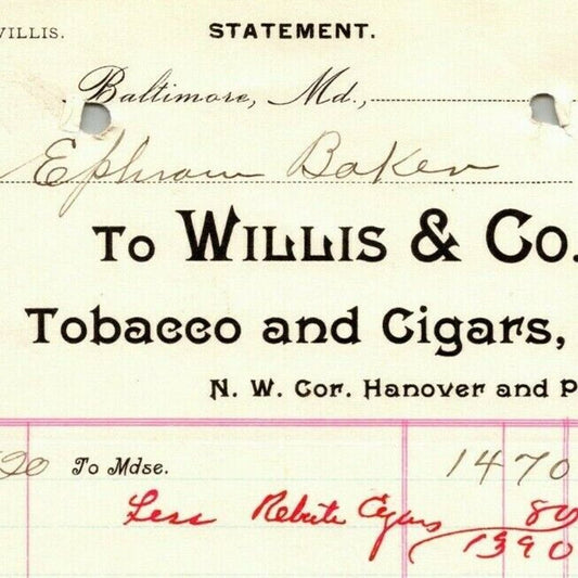 1895 Letterhead / Billhead Willis & Co. Tobacco Cigars Baltimore Ephraim Baker*