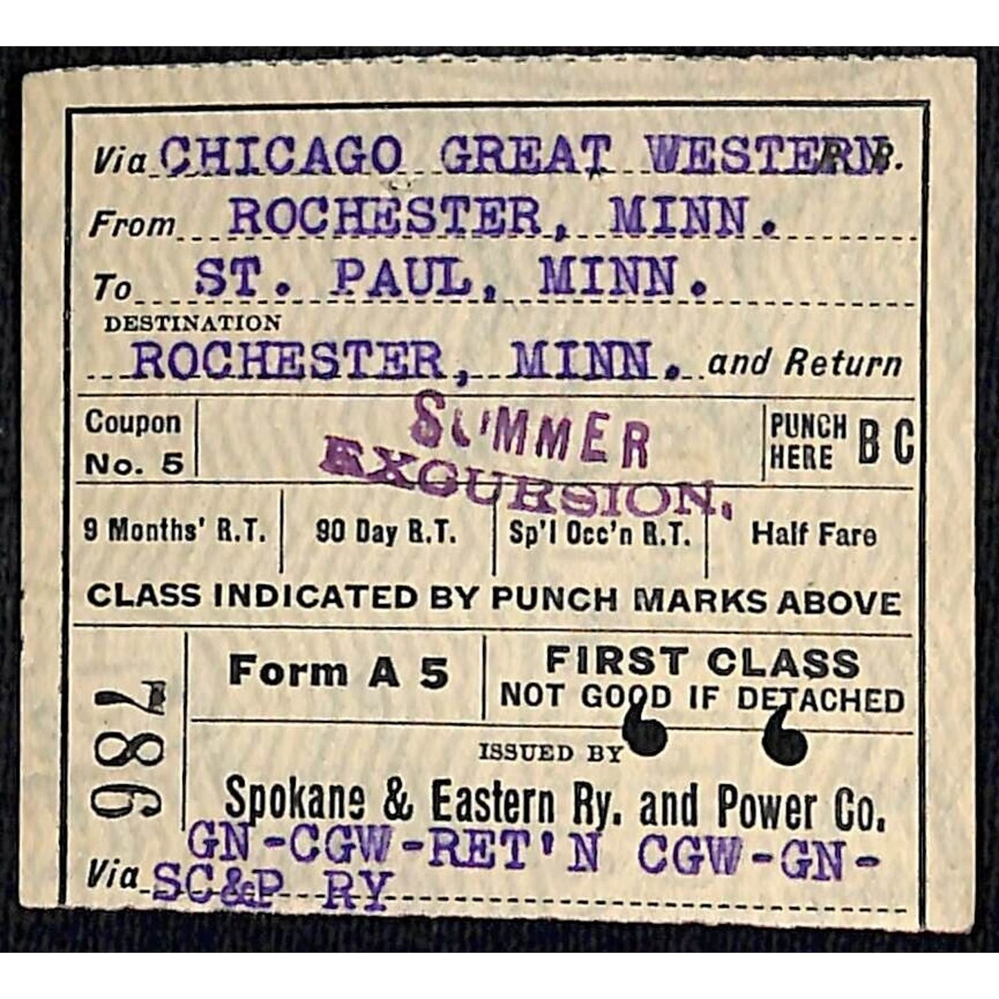 Spokane & Eastern Railway and Power Ticket Rochester, MN 1927 #786 Scarce