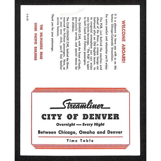 1956 Milwaukee Road Union Pacific Railroad "City of Denver" Pocket Time Table