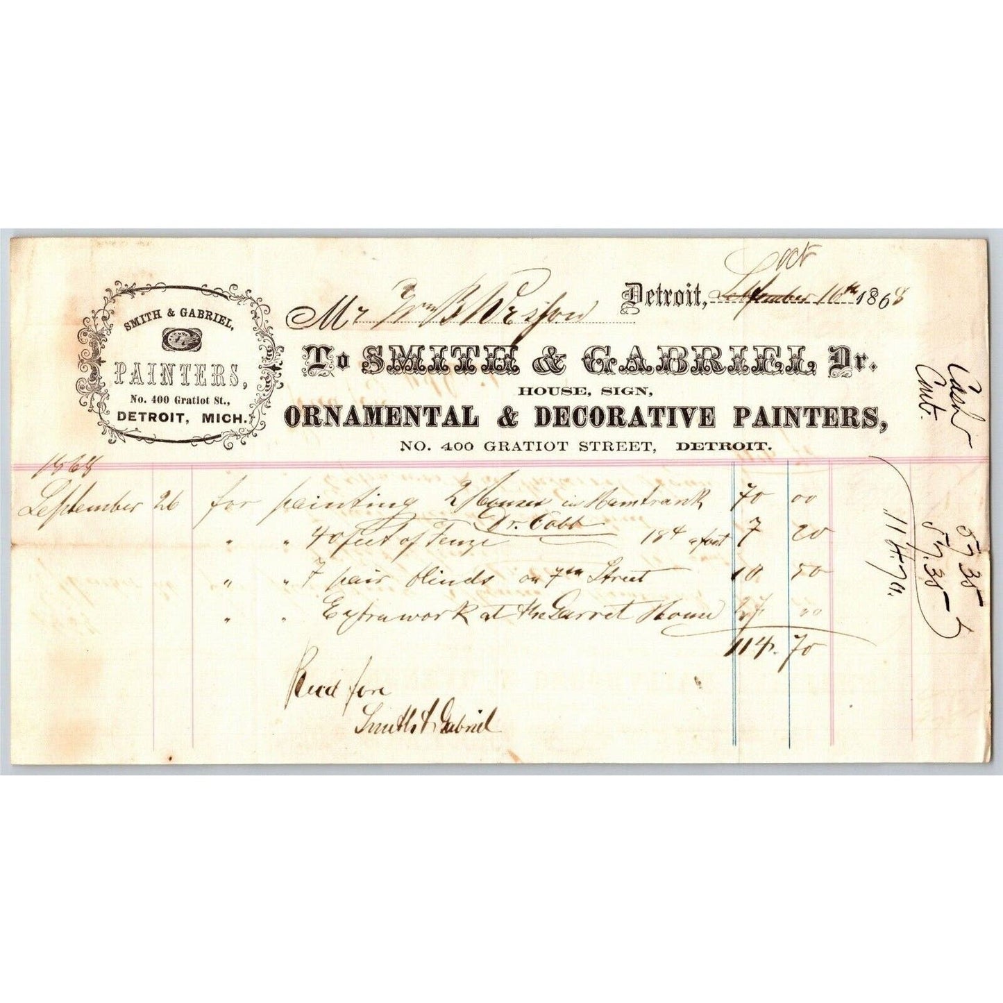 Detroit Letterhead Smith & Gabriel -- Ornamental & Decorative Painters 1868