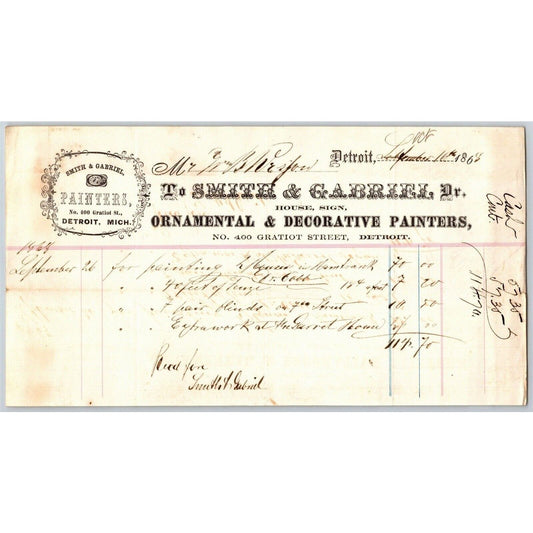 Detroit Letterhead Smith & Gabriel -- Ornamental & Decorative Painters 1868