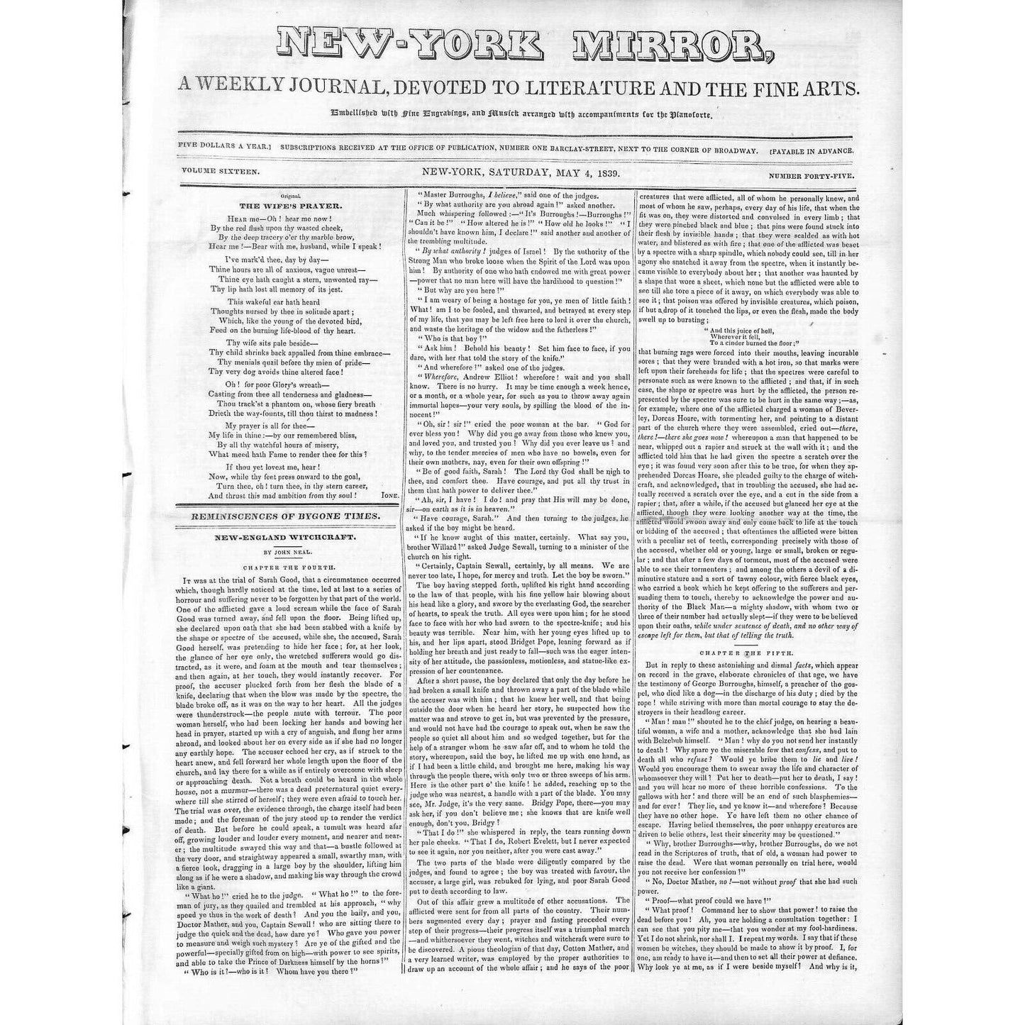 New-York Mirror Weekly Journal Literature Fine Arts Newspaper 5/4/1839