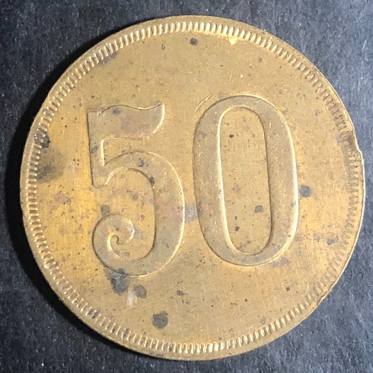 Large Brass Double Sided "50" Gaming ? Token 31mm