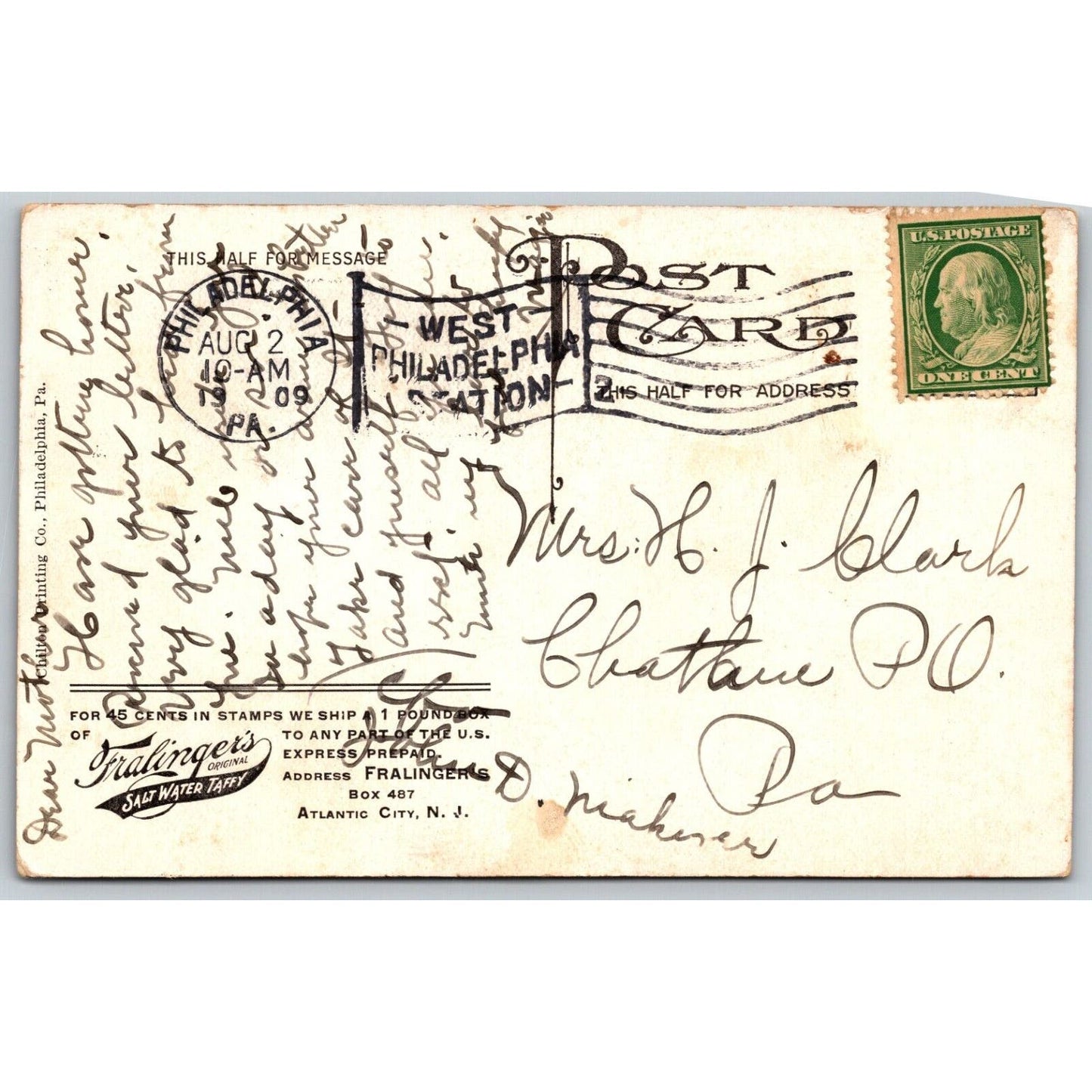Fralinger's Salt Water Taffy Atlantic City Advertising Postcard PM 1909 VGC