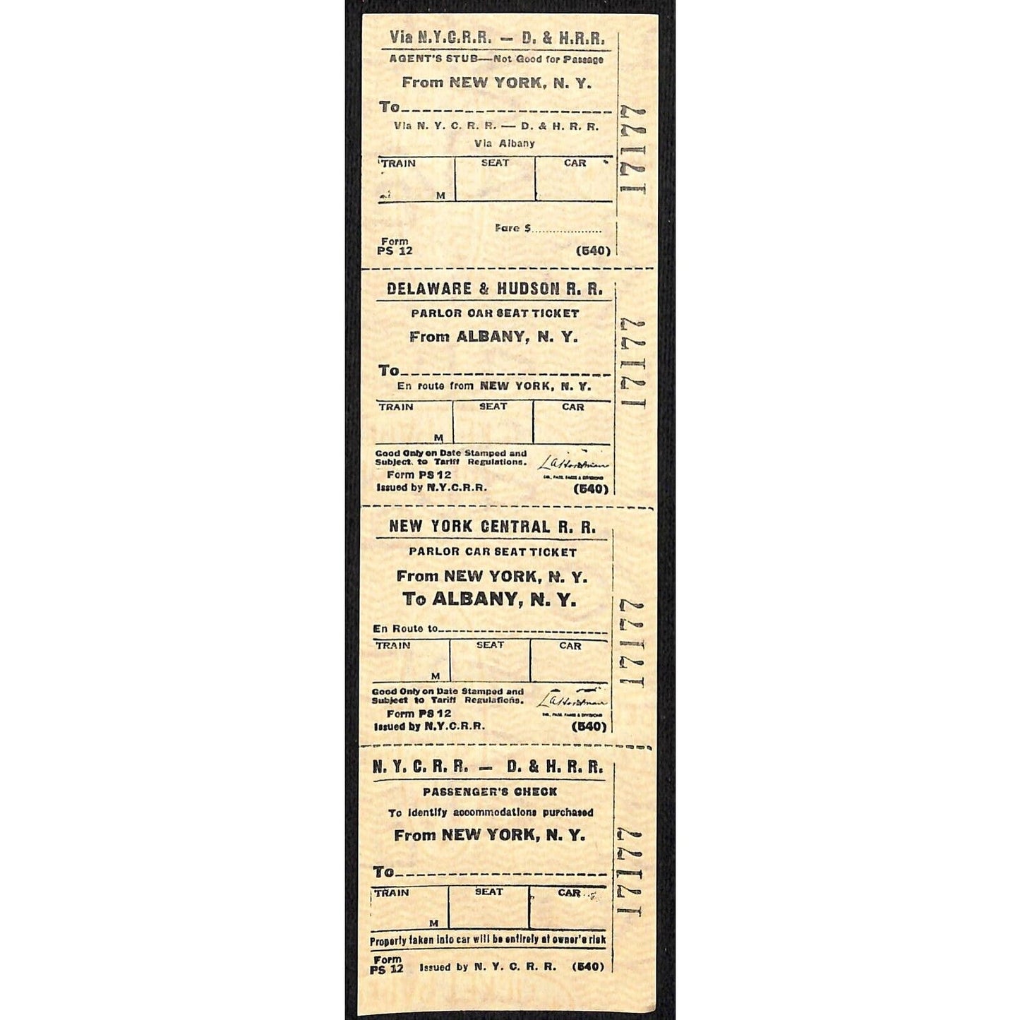 N.Y.C.R.R. - D. & H. R. R. New York / Albany SAMPLE Ticket c1960's Scarce #17177