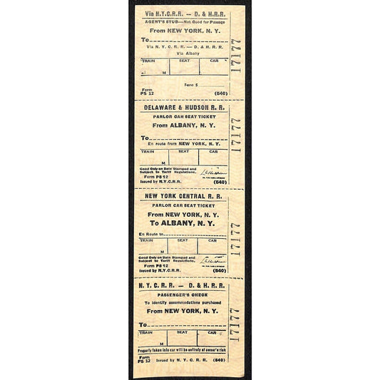 N.Y.C.R.R. - D. & H. R. R. New York / Albany SAMPLE Ticket c1960's Scarce #17177