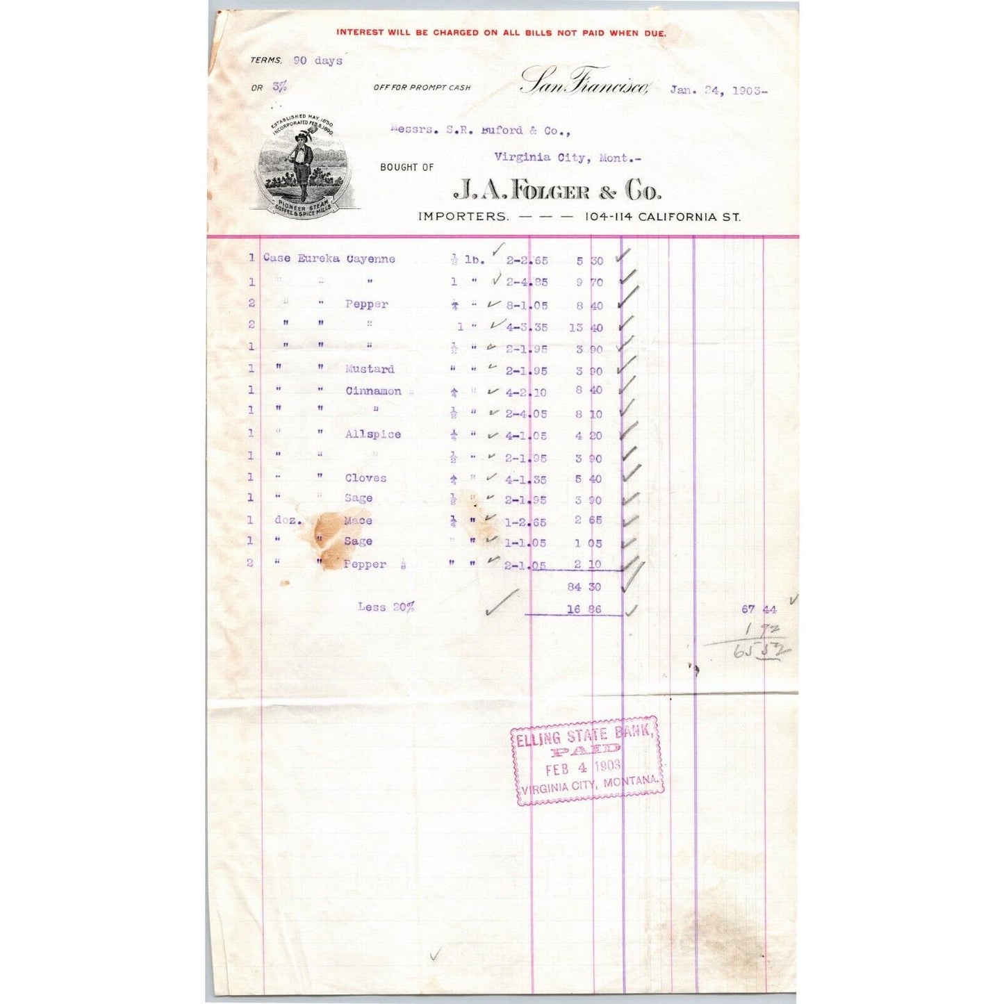 1903 J.A. Folger (Coffee, Tea, Spices) Letterhead S.R. Buford Virginia City, MT