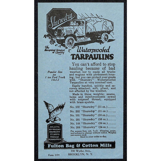 Brooklyn NY Fulton Bag & Cotton Mills "Shuredry" Waterproofed Tarpaulins c1930s