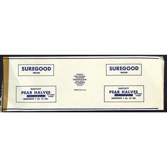 1950 Paper Fruit Can Label Suregood Brand Pear Halves California Packing