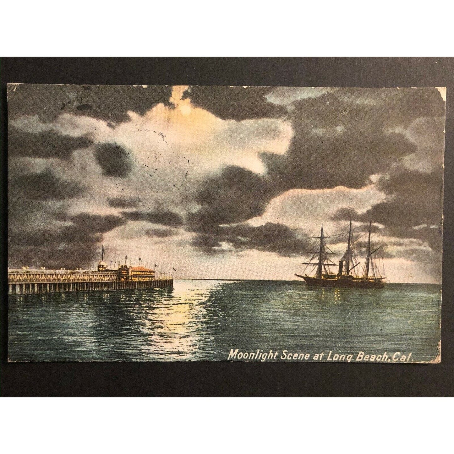 Vintage Postcard - Moonlight Scene at Long Beach, California