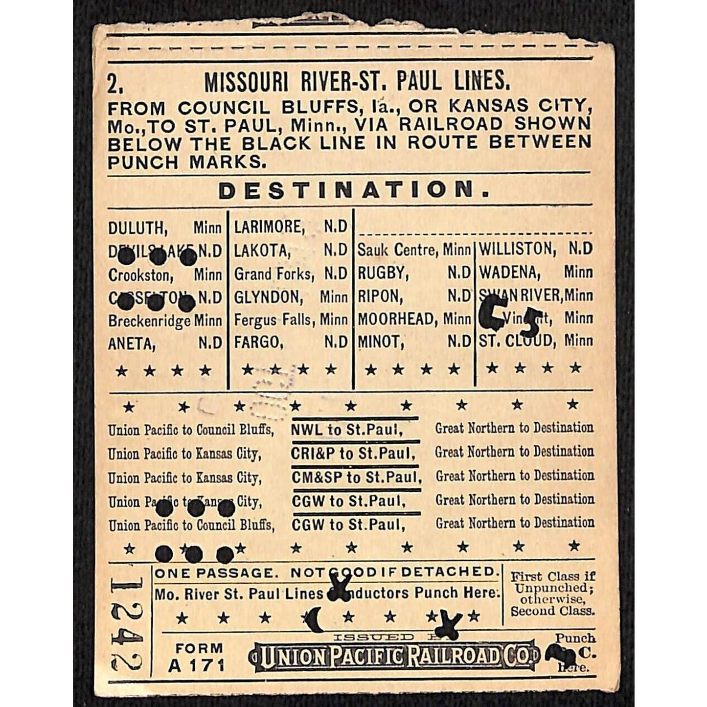 1912 Union Pacific Railroad Ticket Missouri River St. Paul Council Bluffs #1242