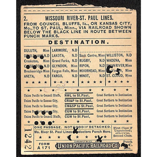 1912 Union Pacific Railroad Ticket Missouri River St. Paul Council Bluffs #1242