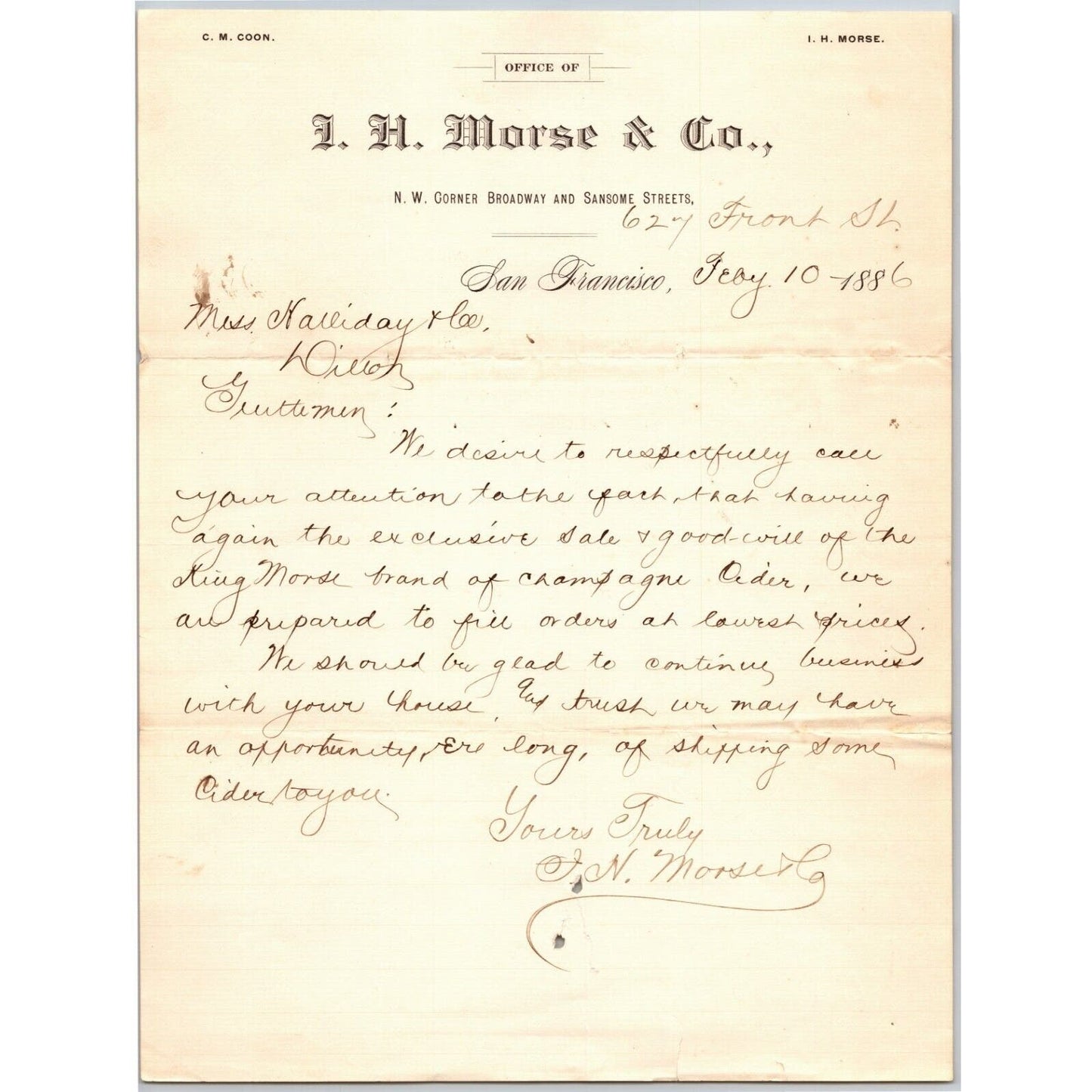 J.H. Morse & Co. San Francisco 1886 Letterhead - "King Morse Brand"