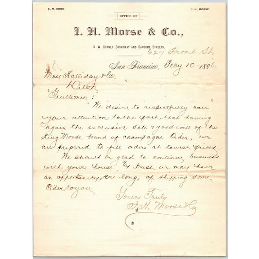 J.H. Morse & Co. San Francisco 1886 Letterhead - "King Morse Brand"