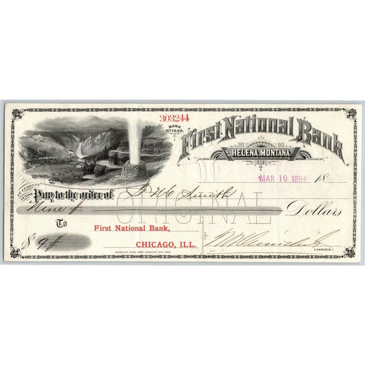 First National Bank of Helena, MT 1894 Check w/ Geyser Vignette