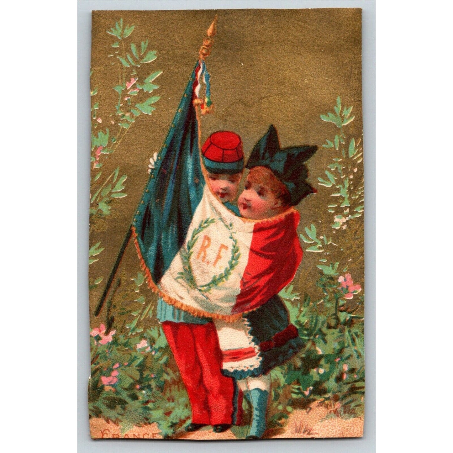 French Victorian Trade Card - Two Children with Flag (Trimmed)