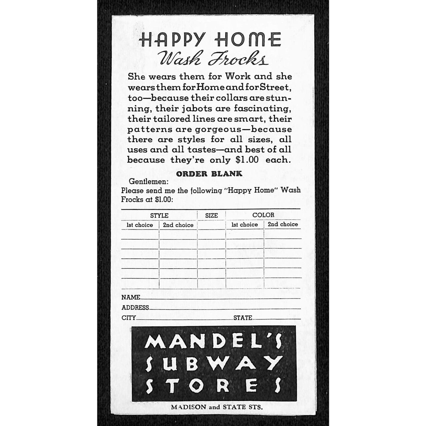 Mandel's Subway Stores Frocks Football c1933 Chicago World's Fair* VGC Scarce