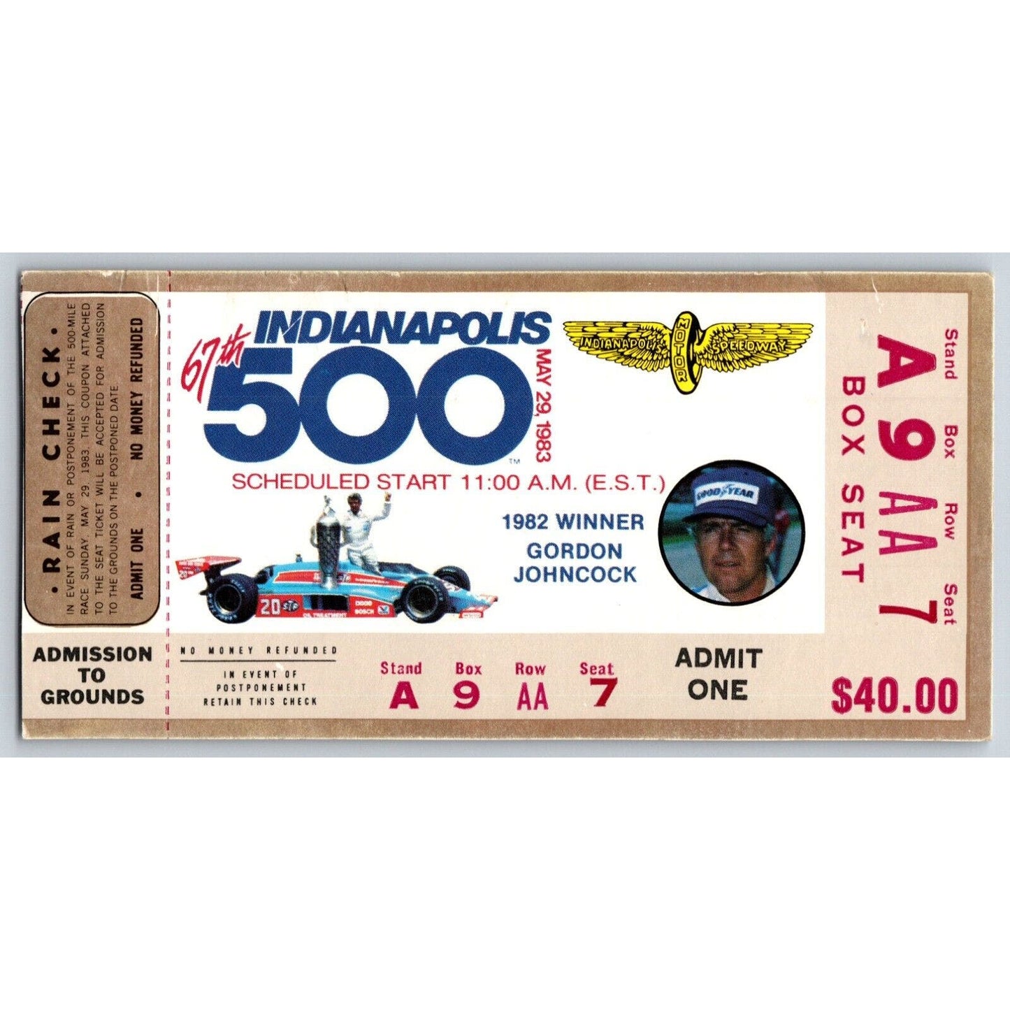 1982 Indianapolis 500 Ticket Stub Racing IMS Gordon Johncock - seat 7