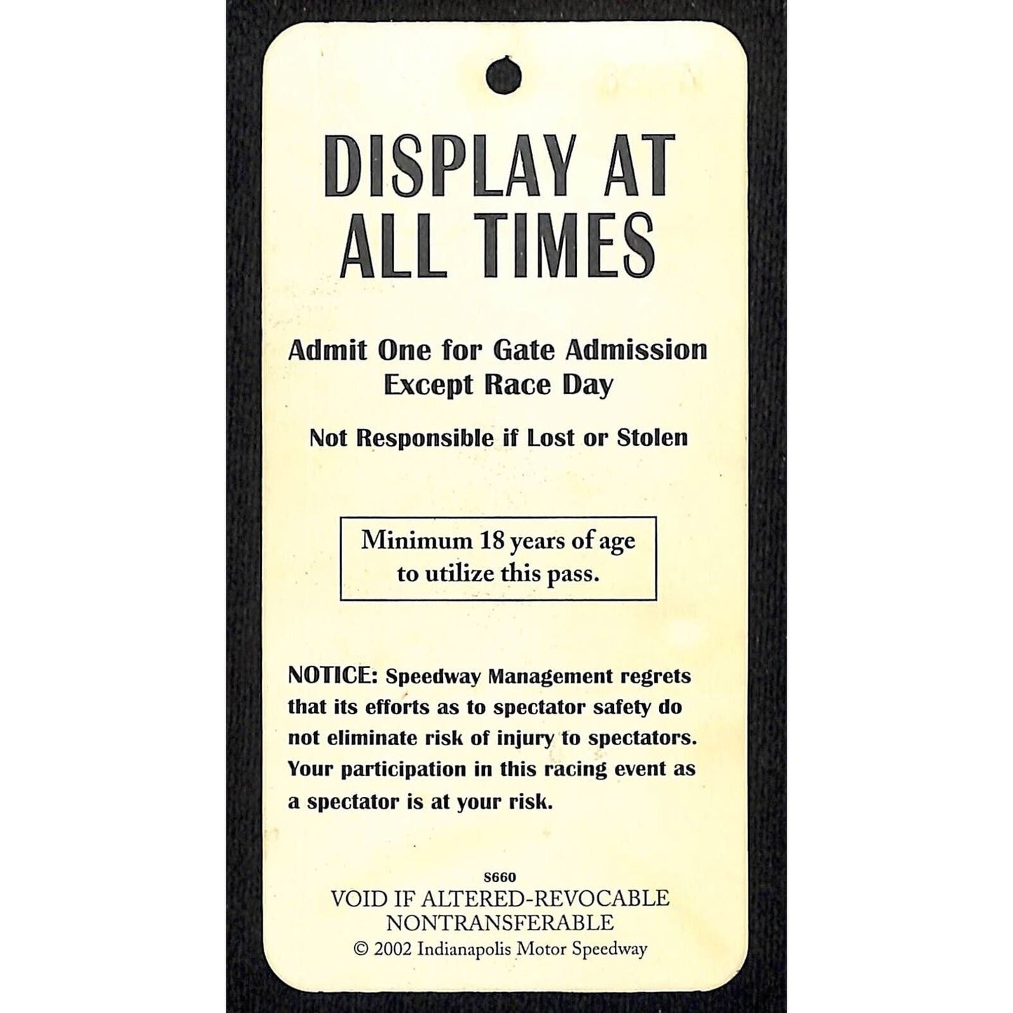 2002 Indianapolis 500 VIP Pass IMS Plastic VGC
