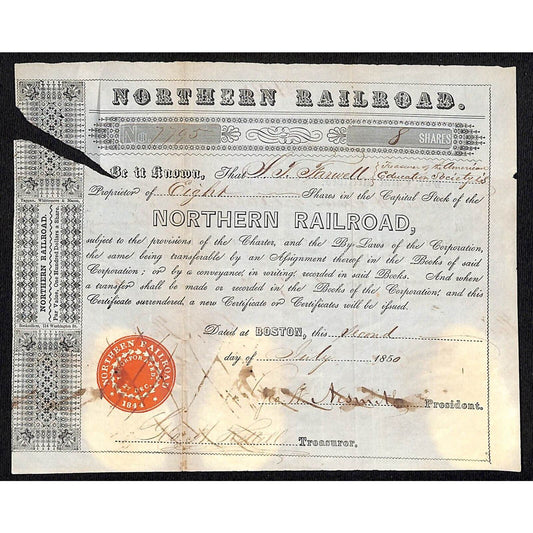 1850 Boston, MA Northern Railroad Stock Certificate No. 7795 for 8 Shares
