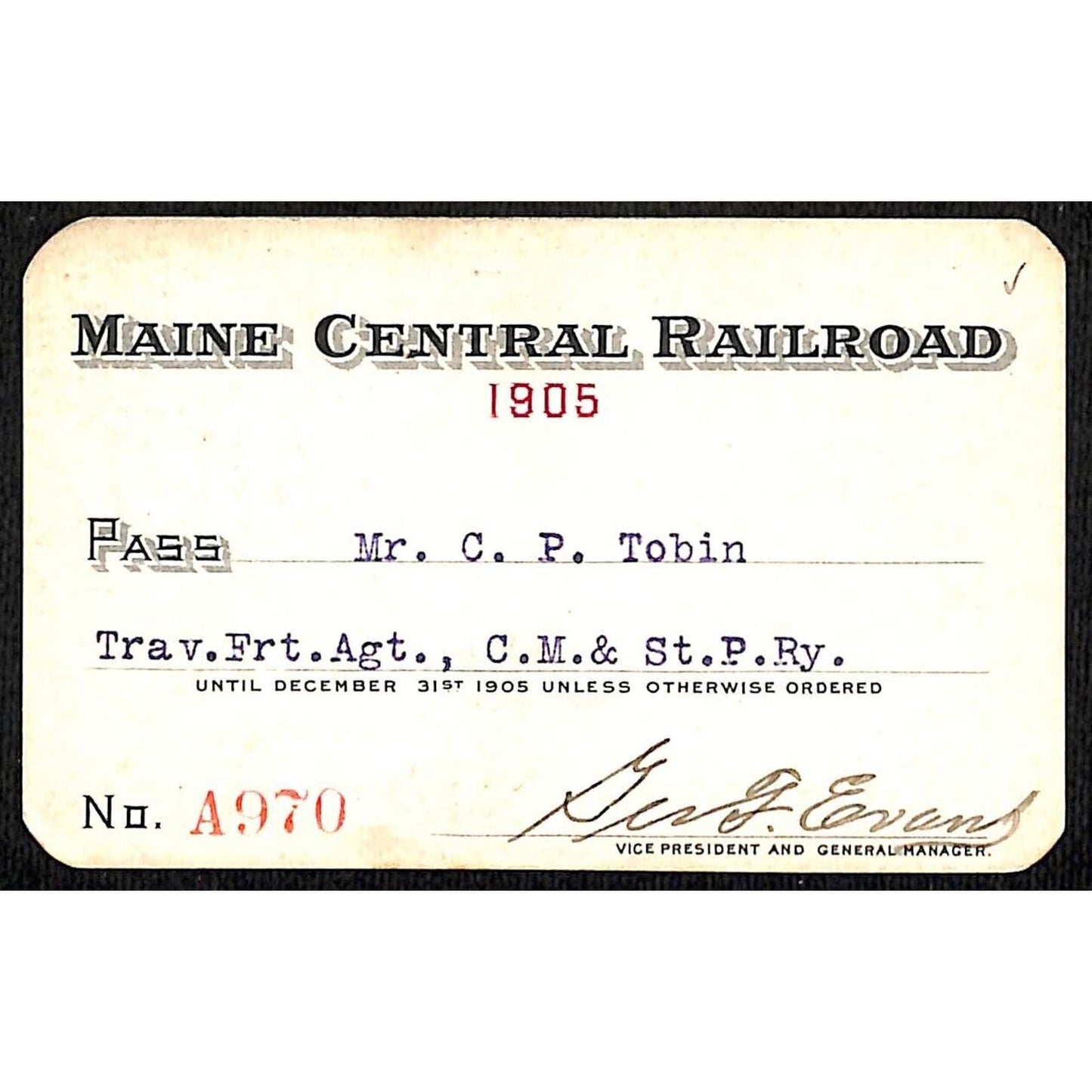1905 Maine Central Railroad Yearly Pass #A970 - Scarce