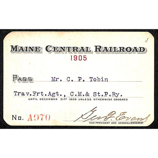 1905 Maine Central Railroad Yearly Pass #A970 - Scarce