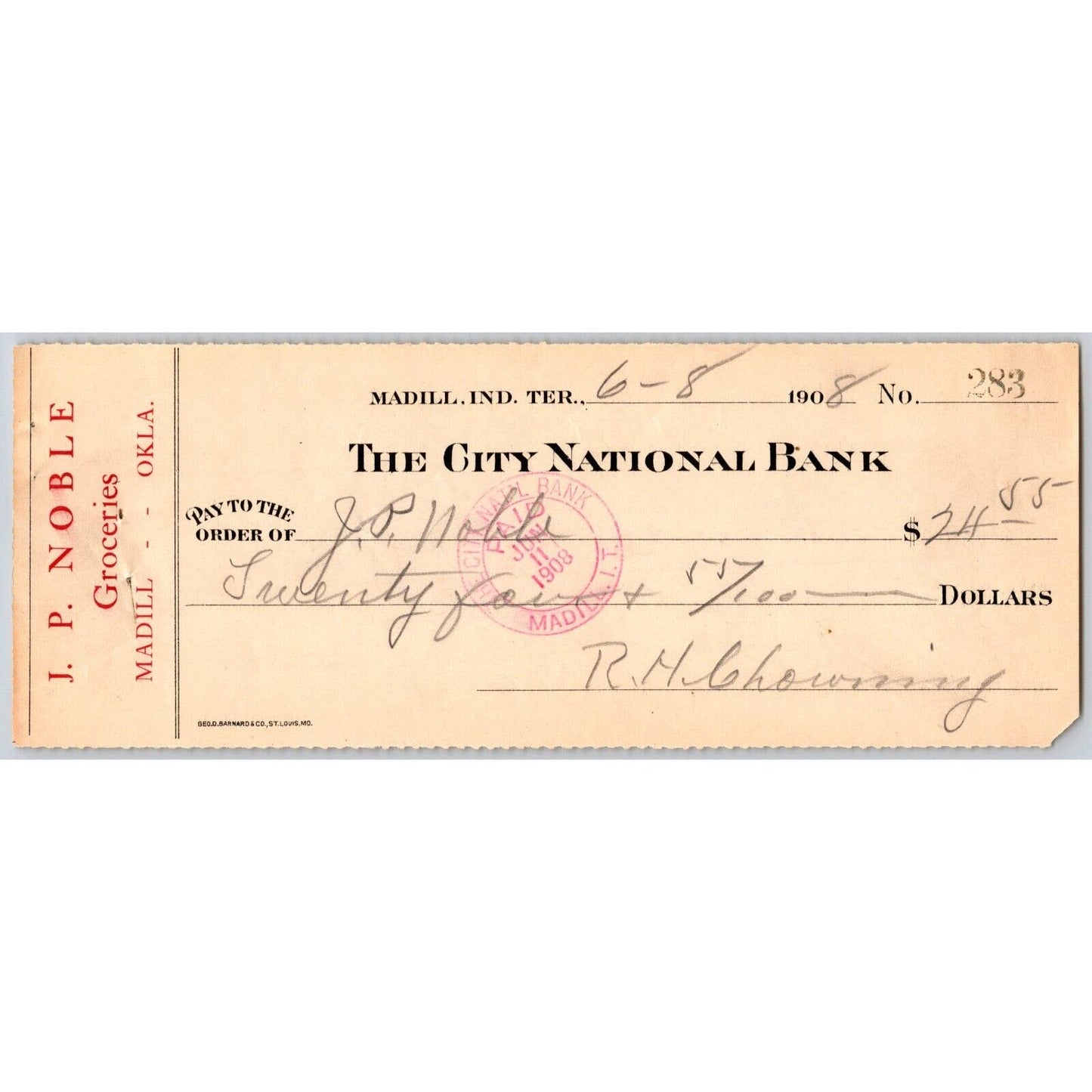 Madill, OK 1908 Indian Territory* J.P. Noble Groceries Bank Check Scarce
