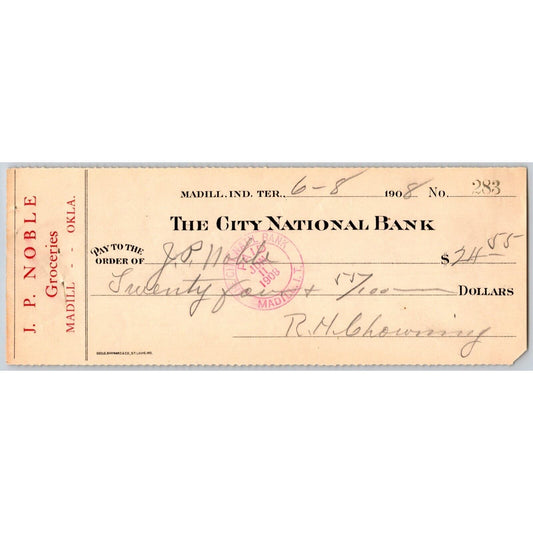 Madill, OK 1908 Indian Territory* J.P. Noble Groceries Bank Check Scarce