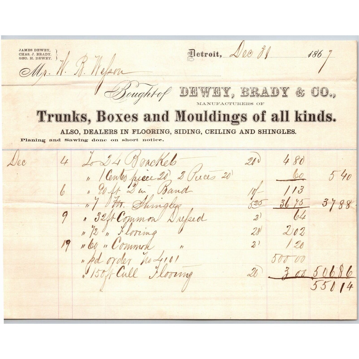 Detroit Letterhead Dewey & Brady Trunks Boxes Mouldings of All Kinds" - 1867
