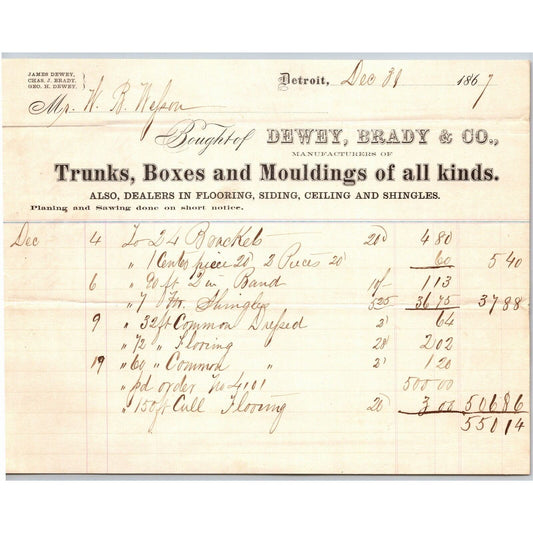 Detroit Letterhead Dewey & Brady Trunks Boxes Mouldings of All Kinds" - 1867