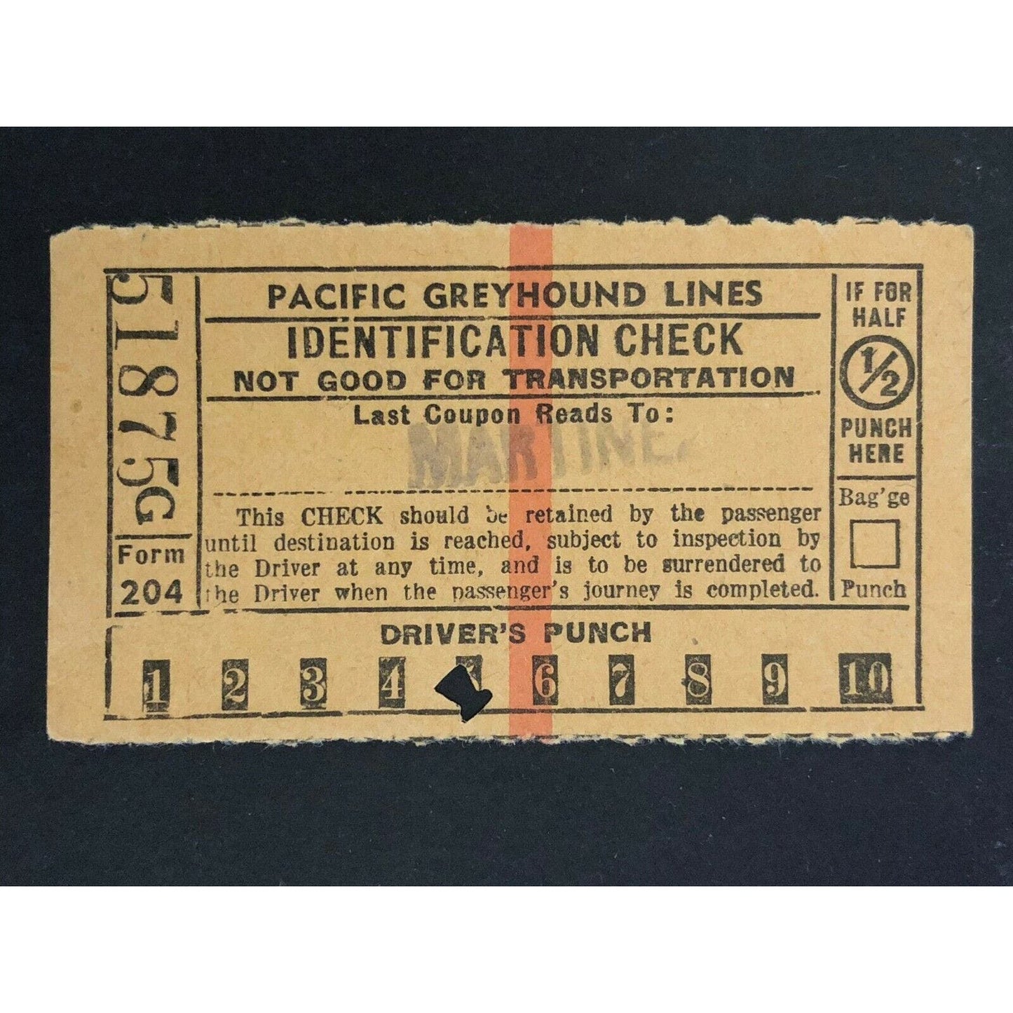 Pacific Greyhound Bus Lines I.D. Check / Ticket "Marine" 51875 c1945-1955
