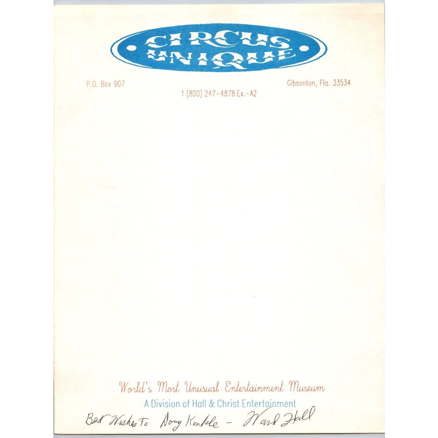 Circus Unique Circus Letterhead Hall & Christ Museum c1980's Gibsonton, FL