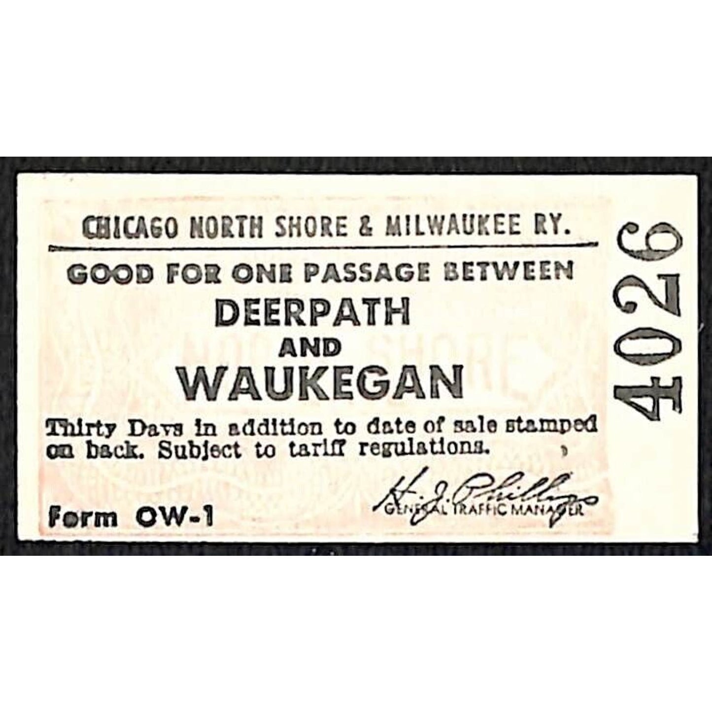 Chicago North Shore & Milwaukee RY Ticket c1947-50's Waukegan Deerpath #4026