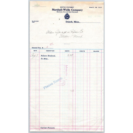 Duluth, MN Marshall-Wells Company Hardware Iron Steel 1918 Billhead Statement