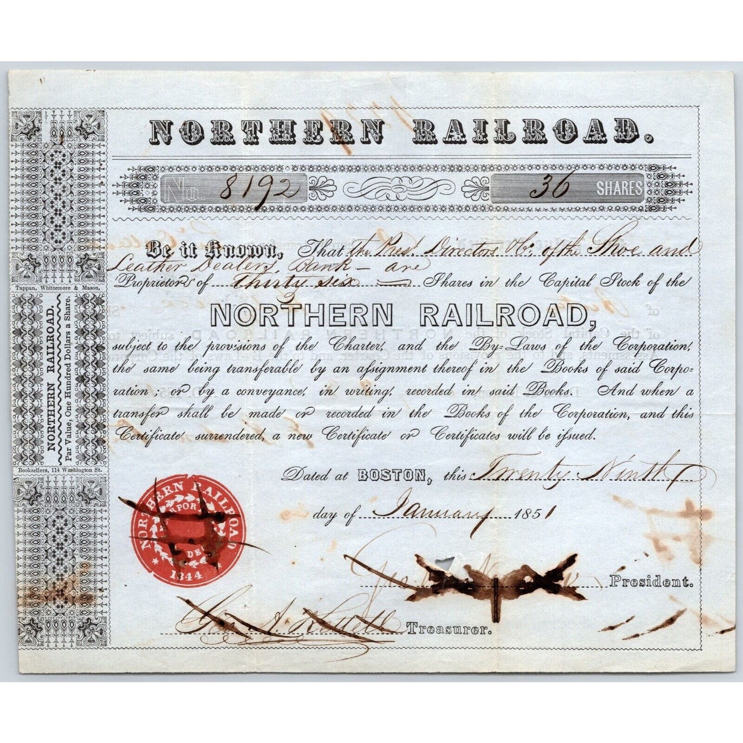 1851 Boston, MA Northern Railroad Stock Certificate No. 8192 for 36 Shares