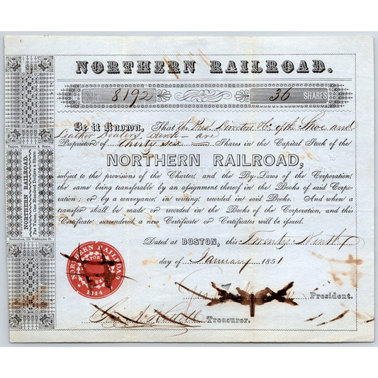 1851 Boston, MA Northern Railroad Stock Certificate No. 8192 for 36 Shares