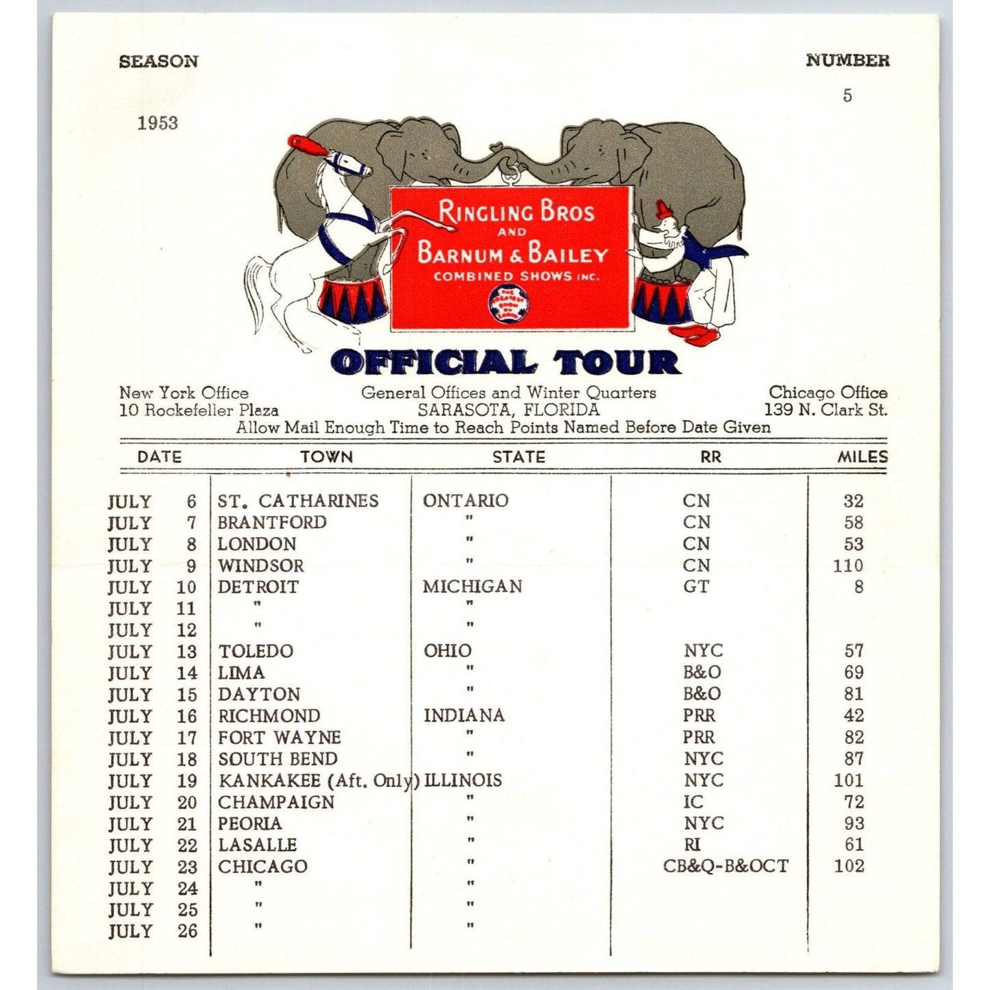1953 Ringling Bros Barnum Bailey Circus Route Card Detroit Chicago Toledo