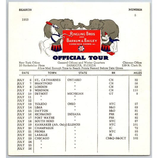 1953 Ringling Bros Barnum Bailey Circus Route Card Detroit Chicago Toledo
