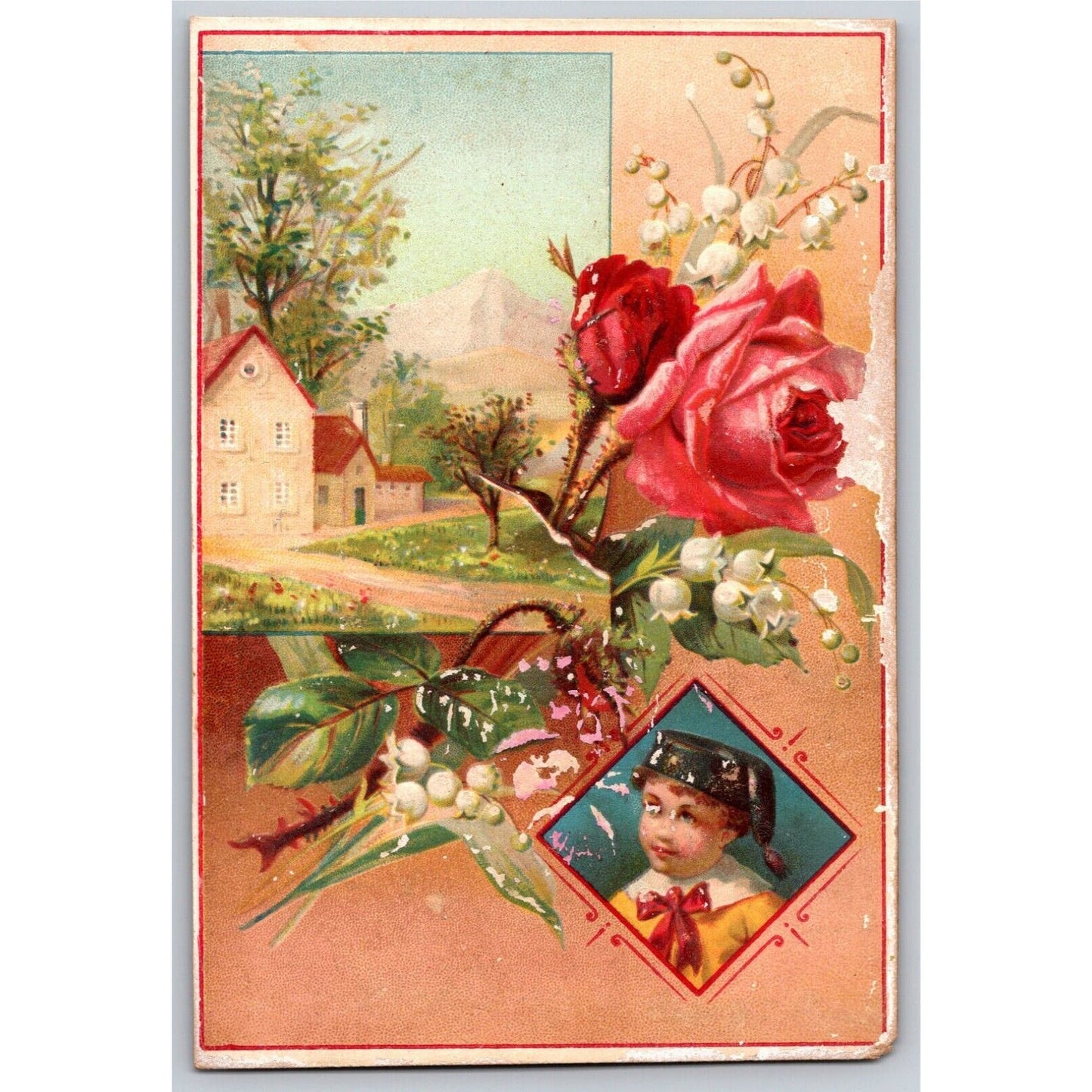 Floral Embossed Victorian Trade Card - Blank w/ no Company Name Home Scene