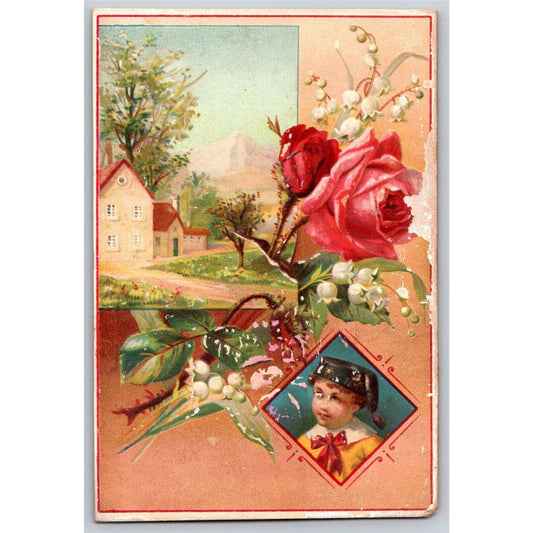 Floral Embossed Victorian Trade Card - Blank w/ no Company Name Home Scene