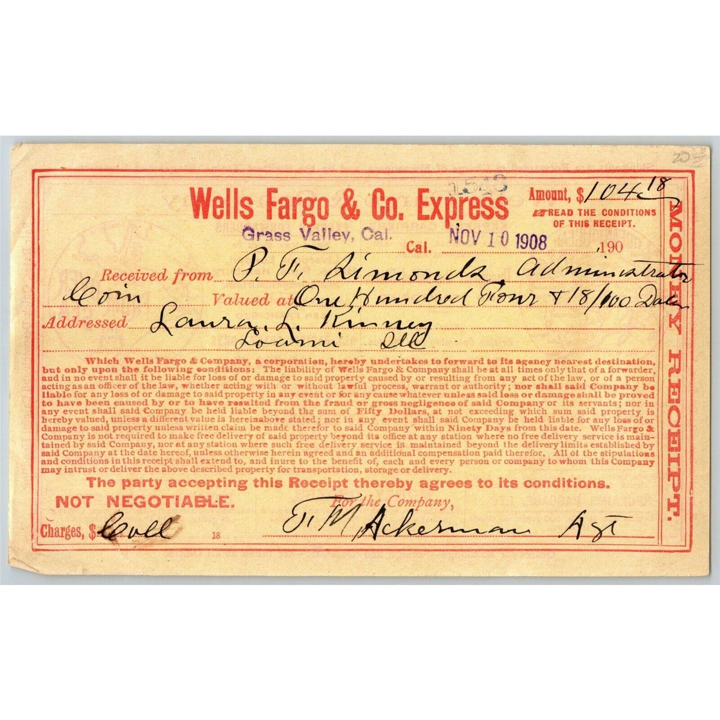 11/ 10 1908 Wells Fargo & Co Express - Grass Valley CA - $104.18 Money Receipt