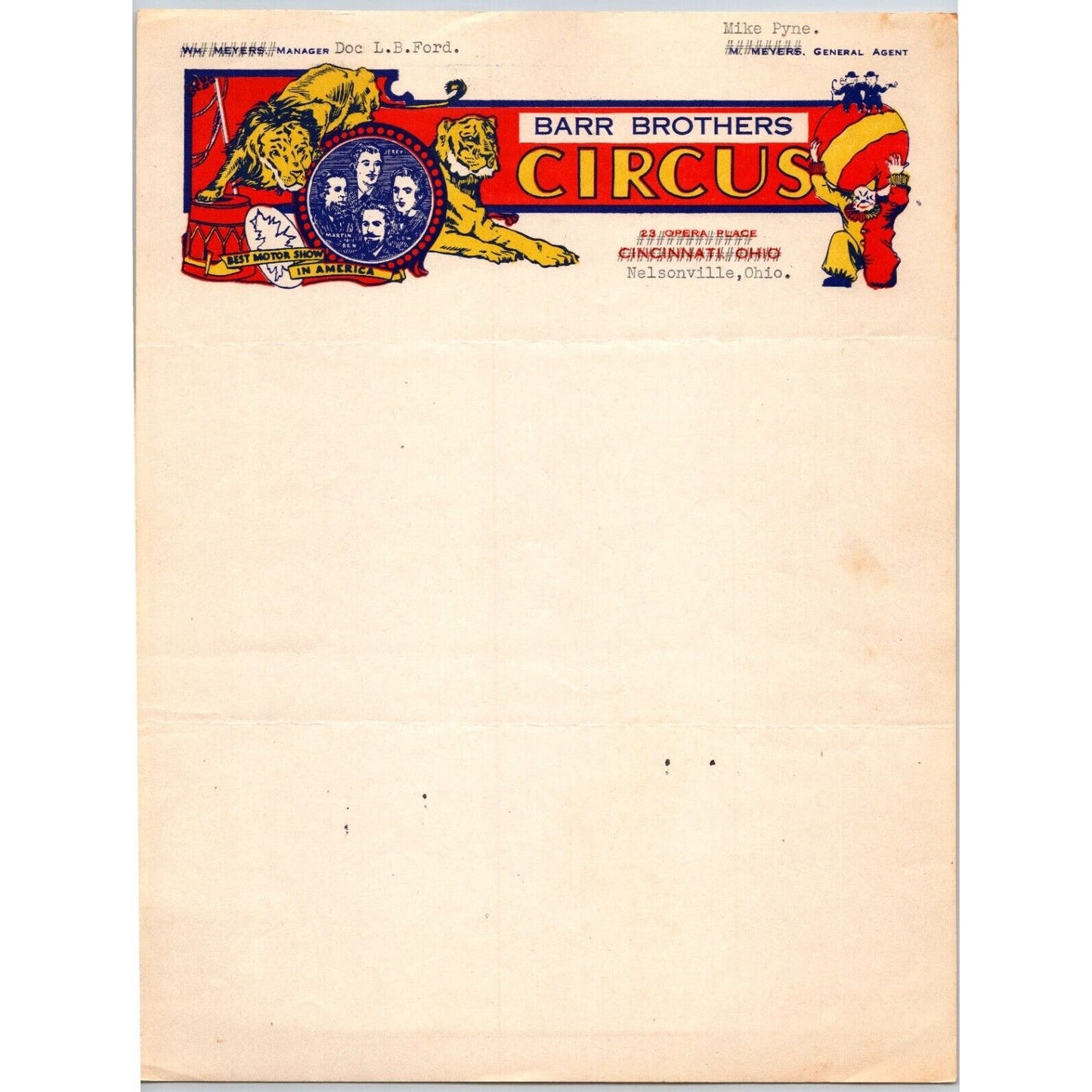 Barr Brothers Circus Letterhead c1946 w/Several Crossouts Nelsonville, OH Scarce