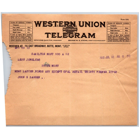 "Leys" Jewelers Butte, MT 1918 Western Union Telegram re: Ladies Rings