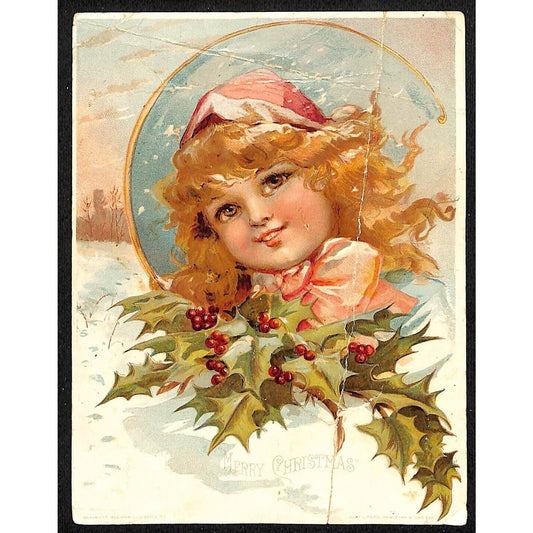 Woolson Spice "Merry Christmas" Large Victorian Trade Card Smiling Girl