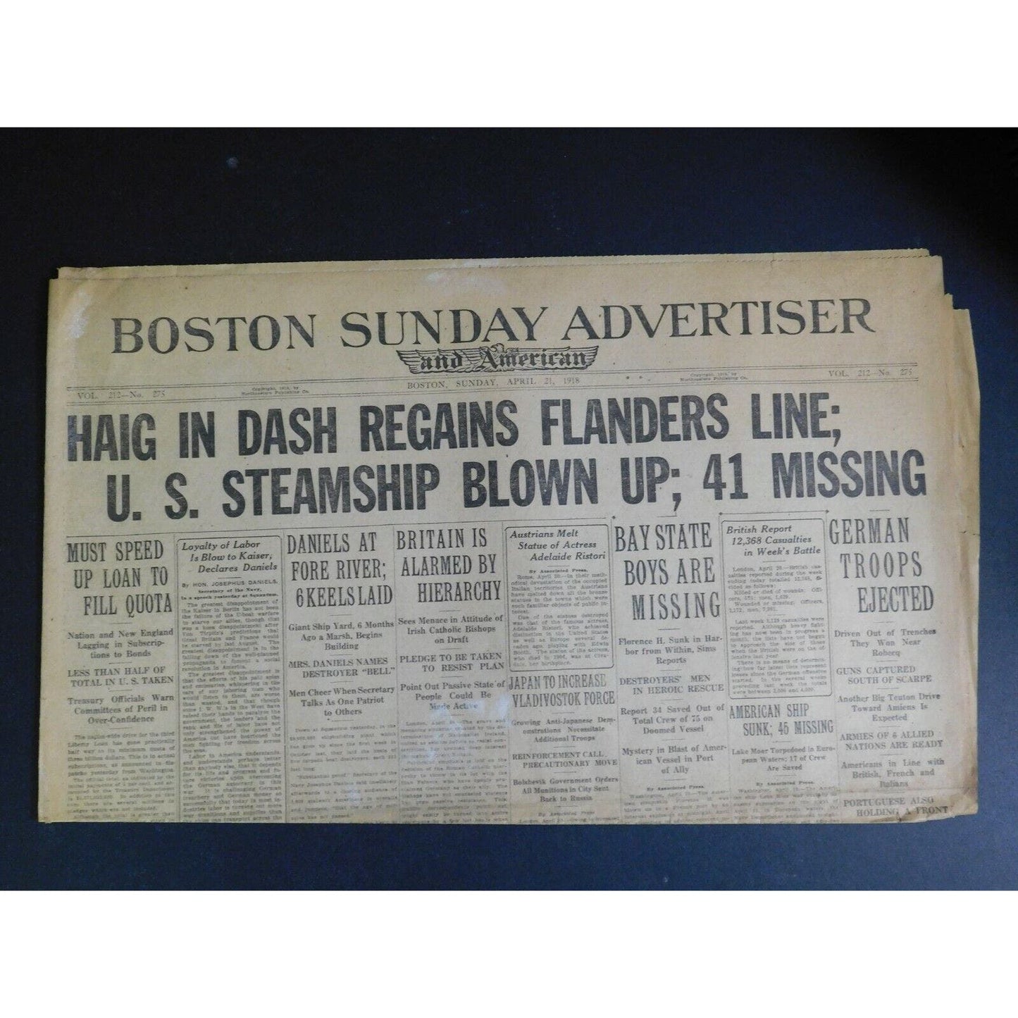 WWI Era Newspaper - Boston Sunday Advertiser - April 21 1918 - 4 pgs.