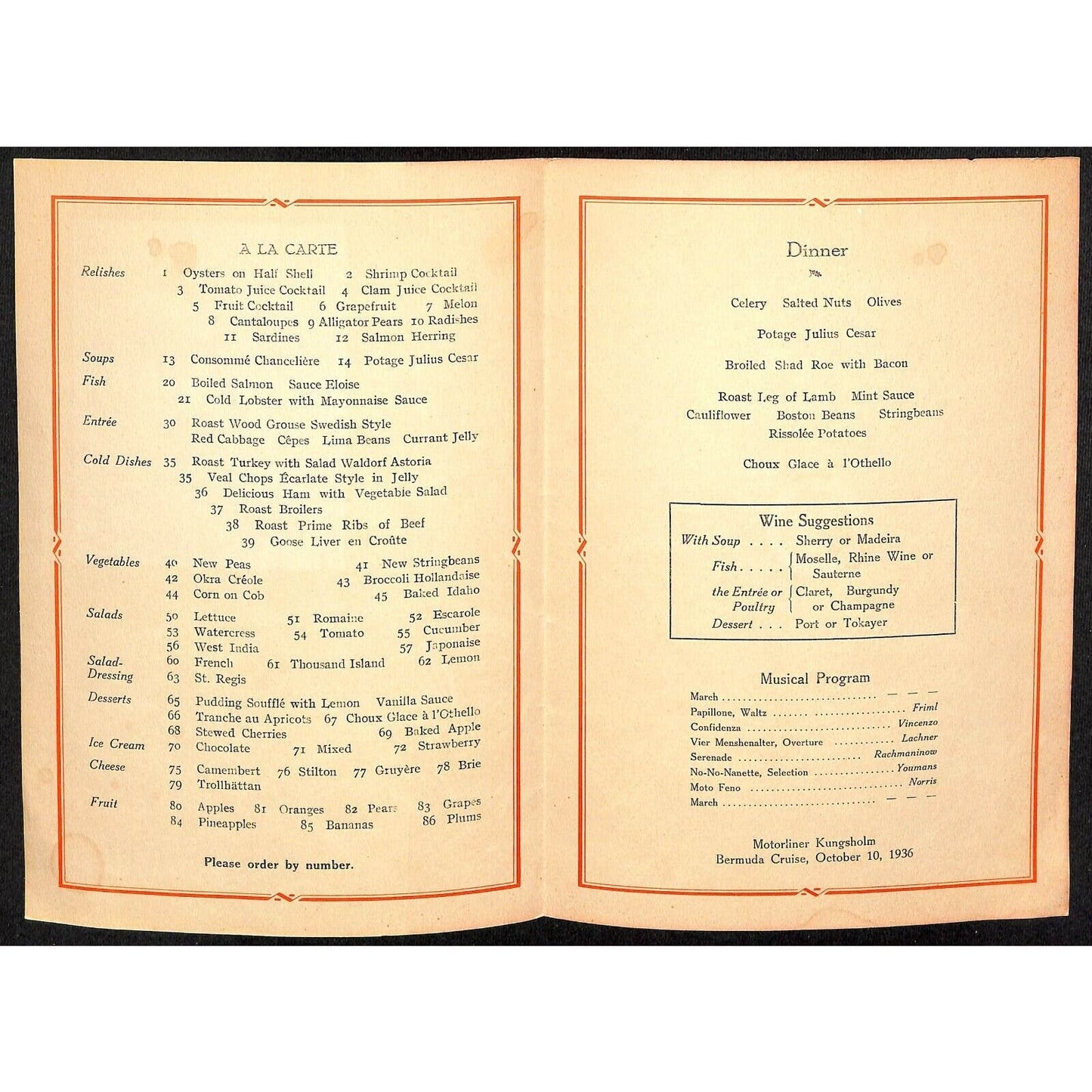 1936 Swedish American Kungsholm Bermuda Cruise Line Dinner Menu Oct 10 VGC