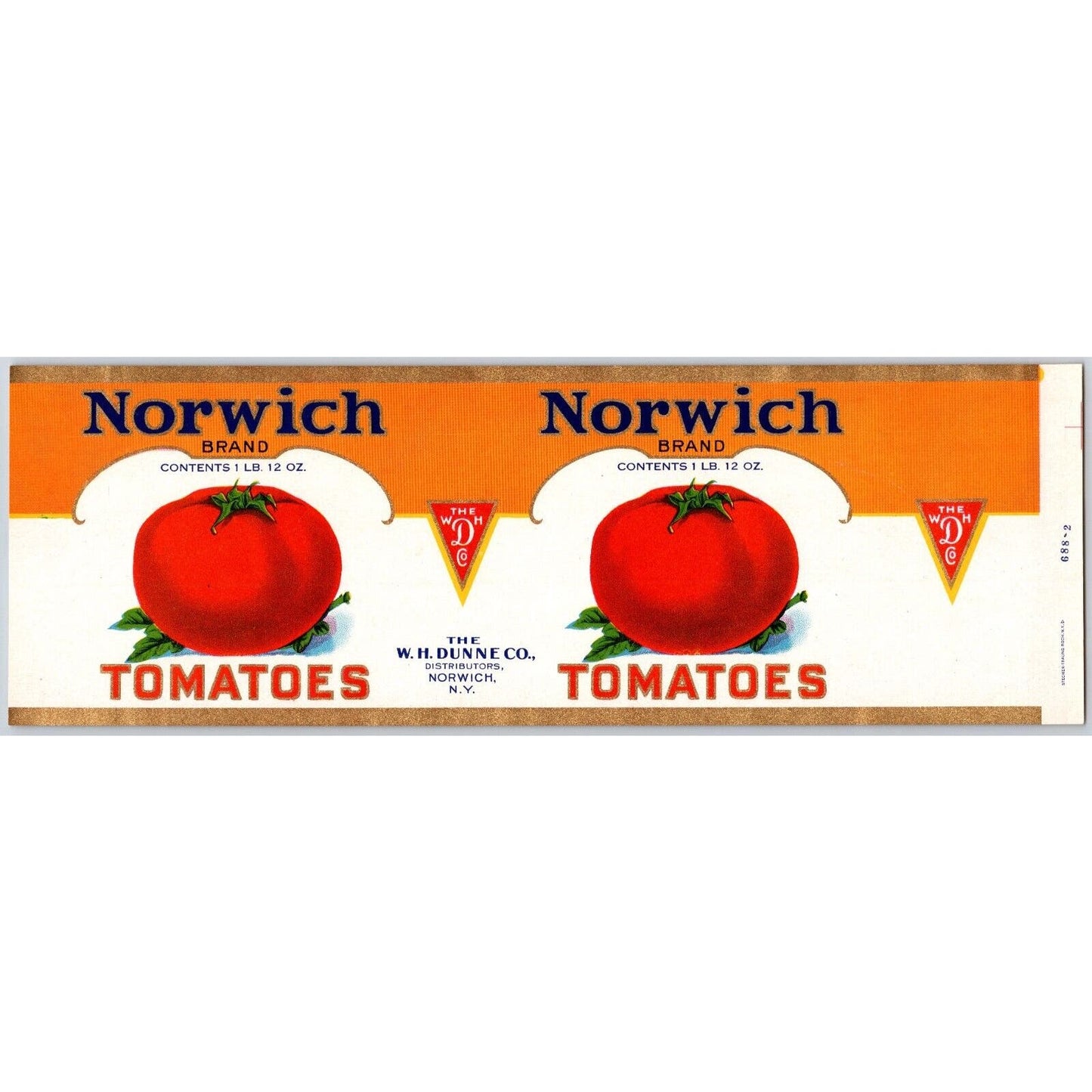 Norwich Tomatoes Paper Can Label W.H. Dunne Co. New York c1930's